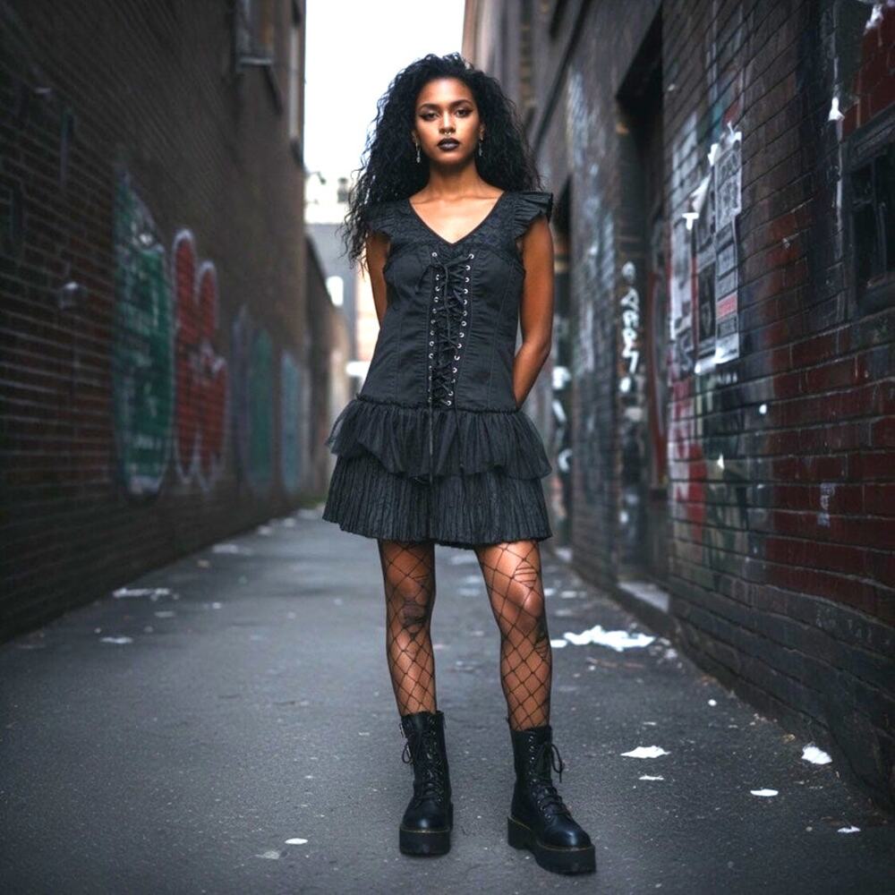 Tripp NYC Goth Corset Dress Women Size M Cotton Blend Mini Dress Lace Up Front
